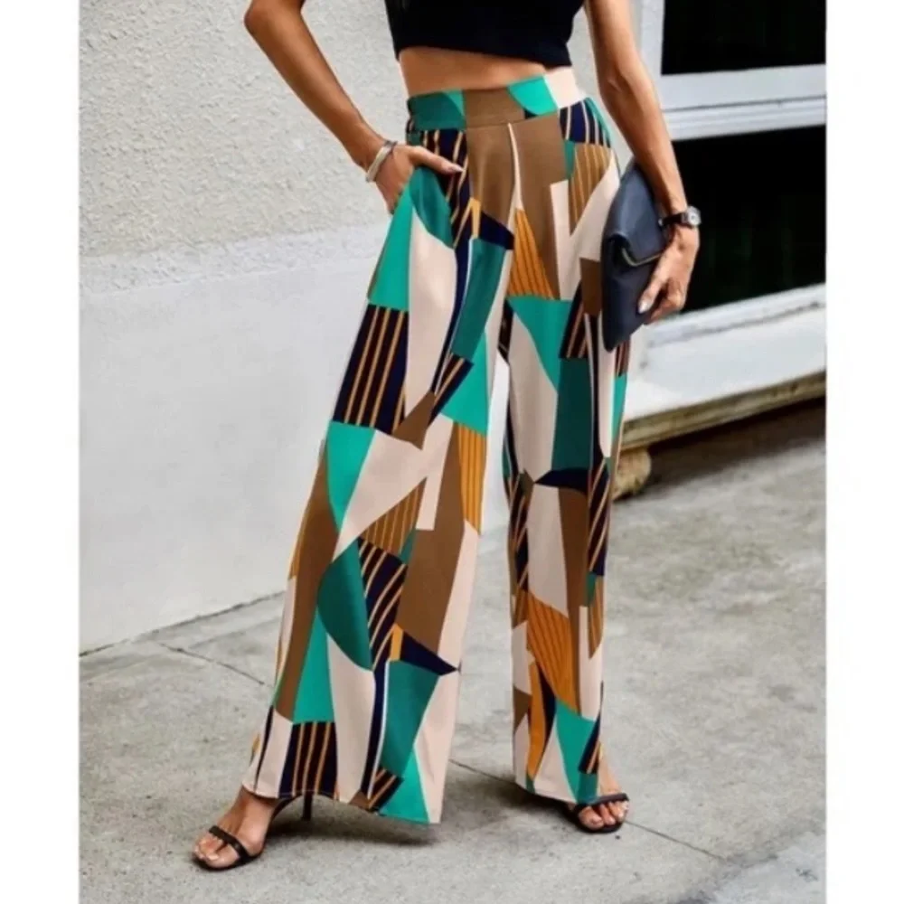 Boho High Waist Print Pocket Wide Leg Palazzo Pants